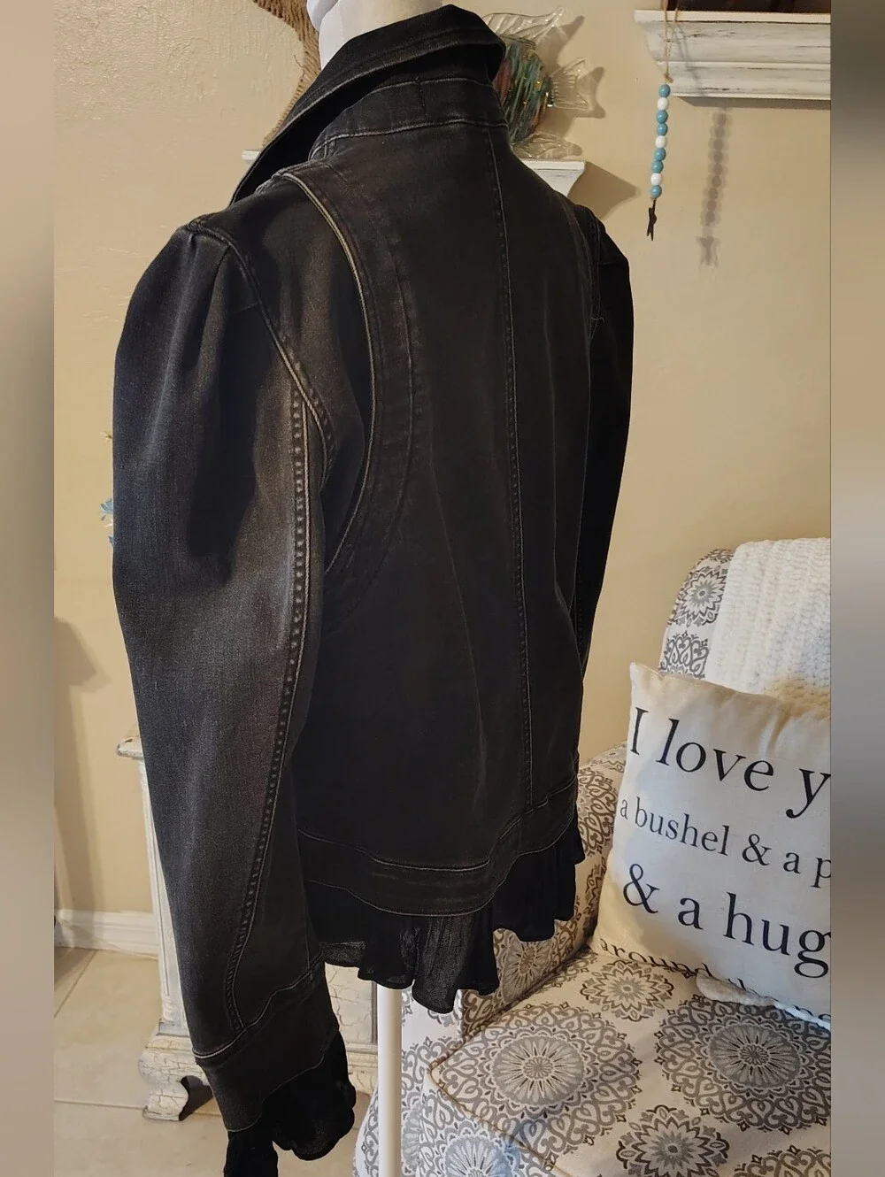 Free People Black Ruffle-Trim Suki Denim Jacket Boho Festival Cropped - Picture 6 of 10